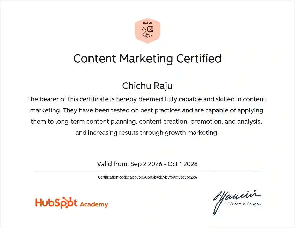 hubspot certificate image by digital marketer in alappuzha chichu