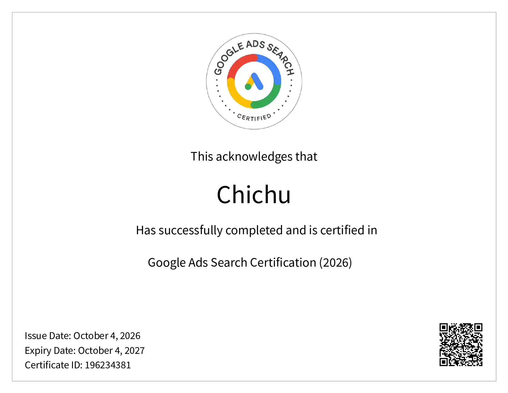 Google Ad Search certificate by freelance digital marketer in alappuzha chichu
