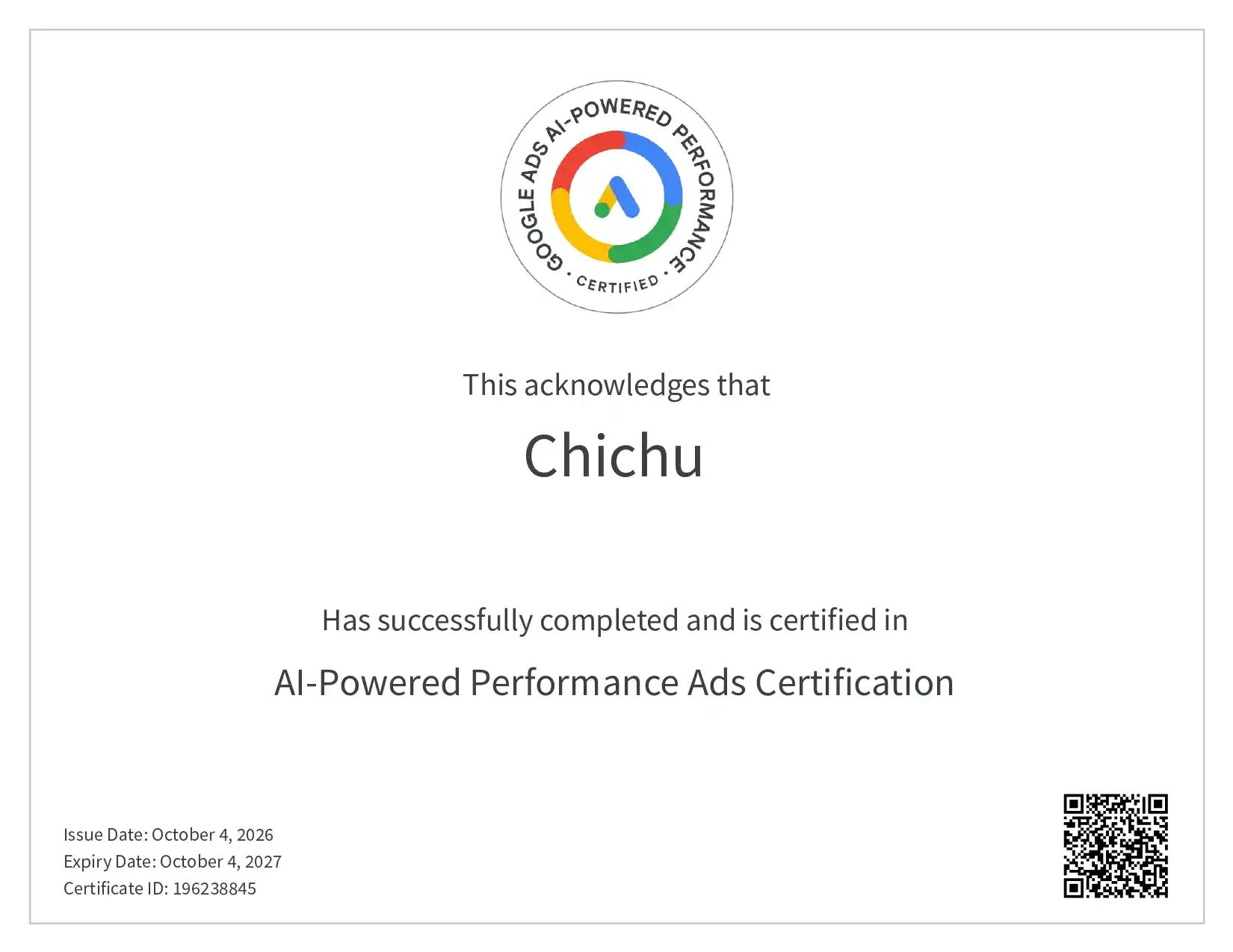 Google Ads AI powered certificate by freelance digital marketer in alappuzha chichu