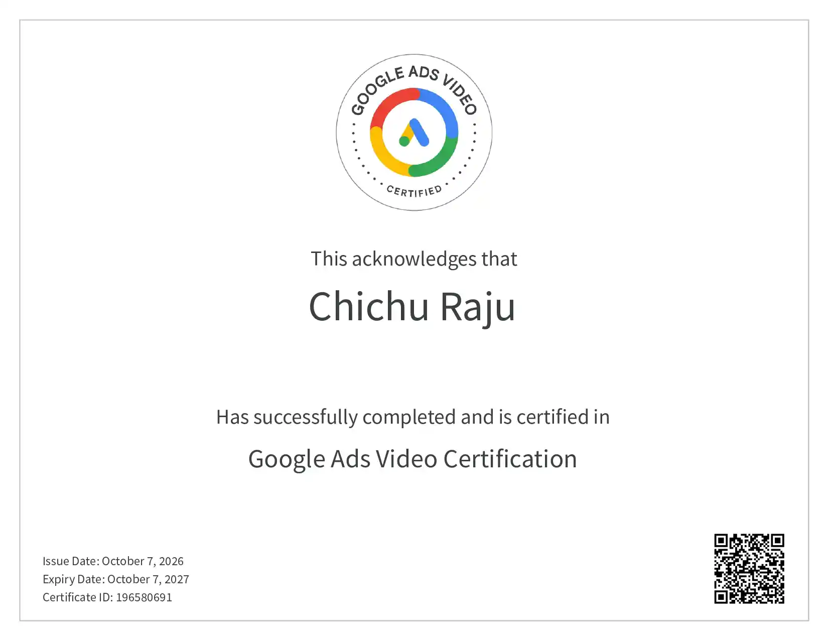 Google Ads Video certificate by freelance digital marketer in alappuzha chichu