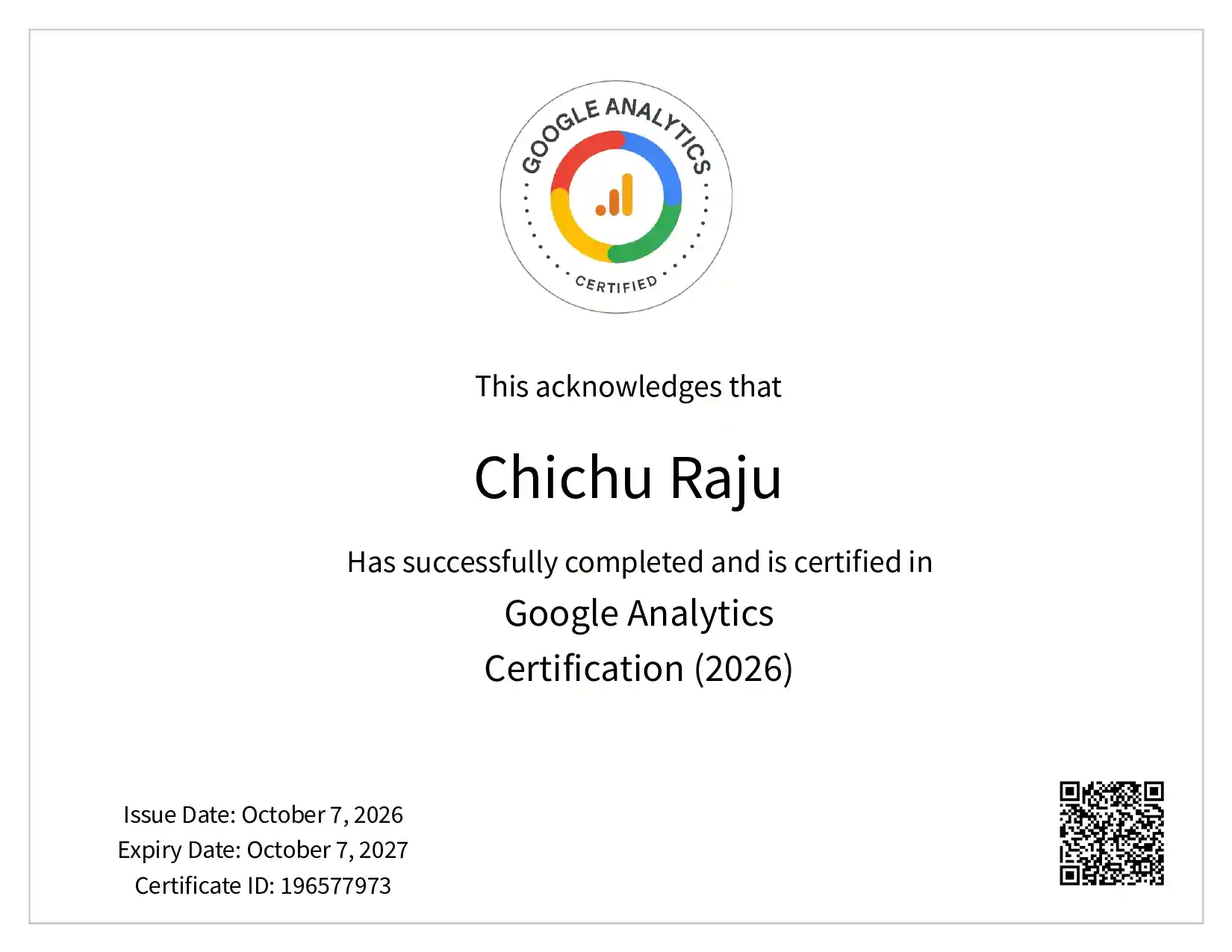 Google Analytics certificate by freelance digital marketer in alappuzha chichu