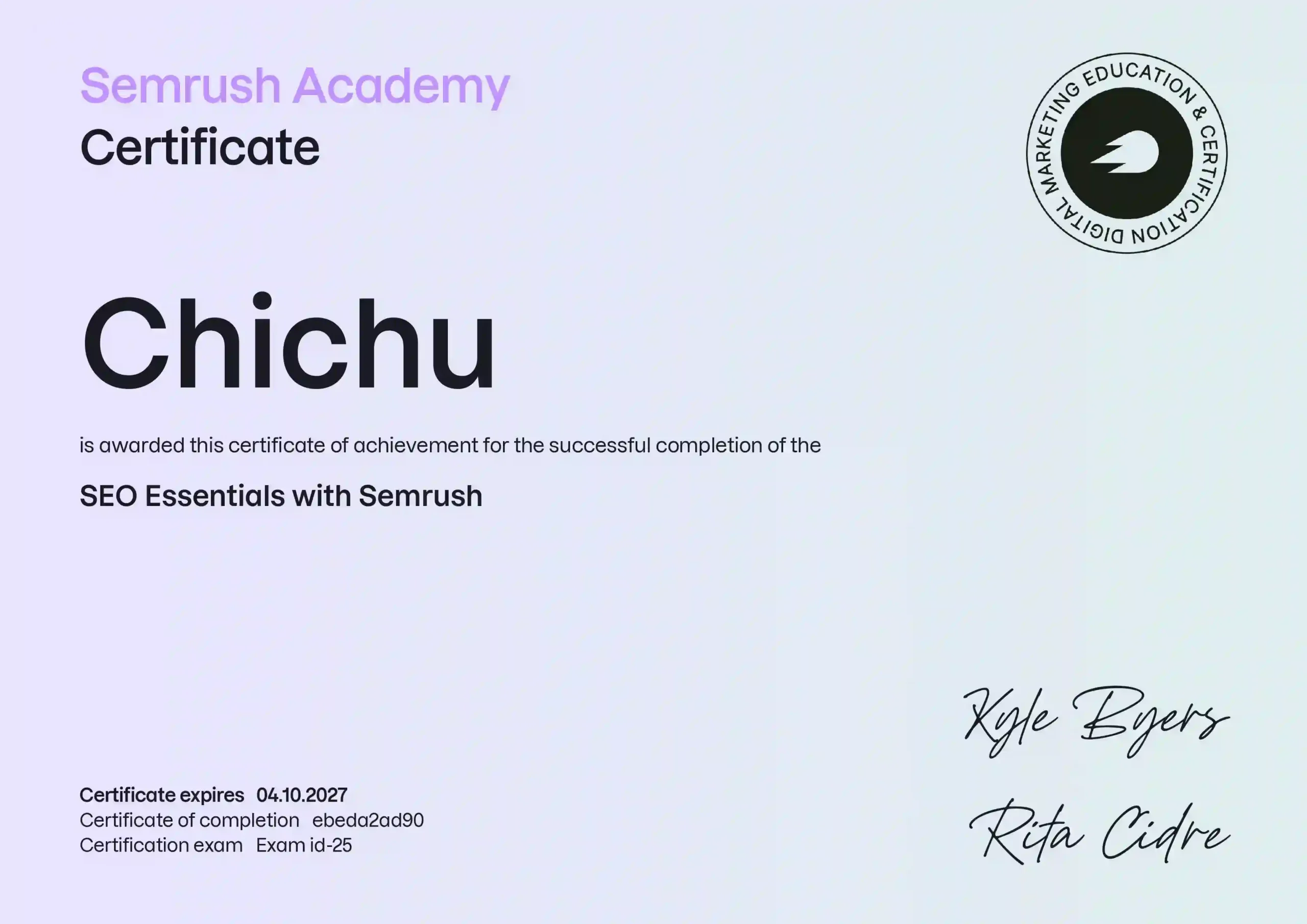 Semrush certificate of freelance digital marketer in alappuzha chichu